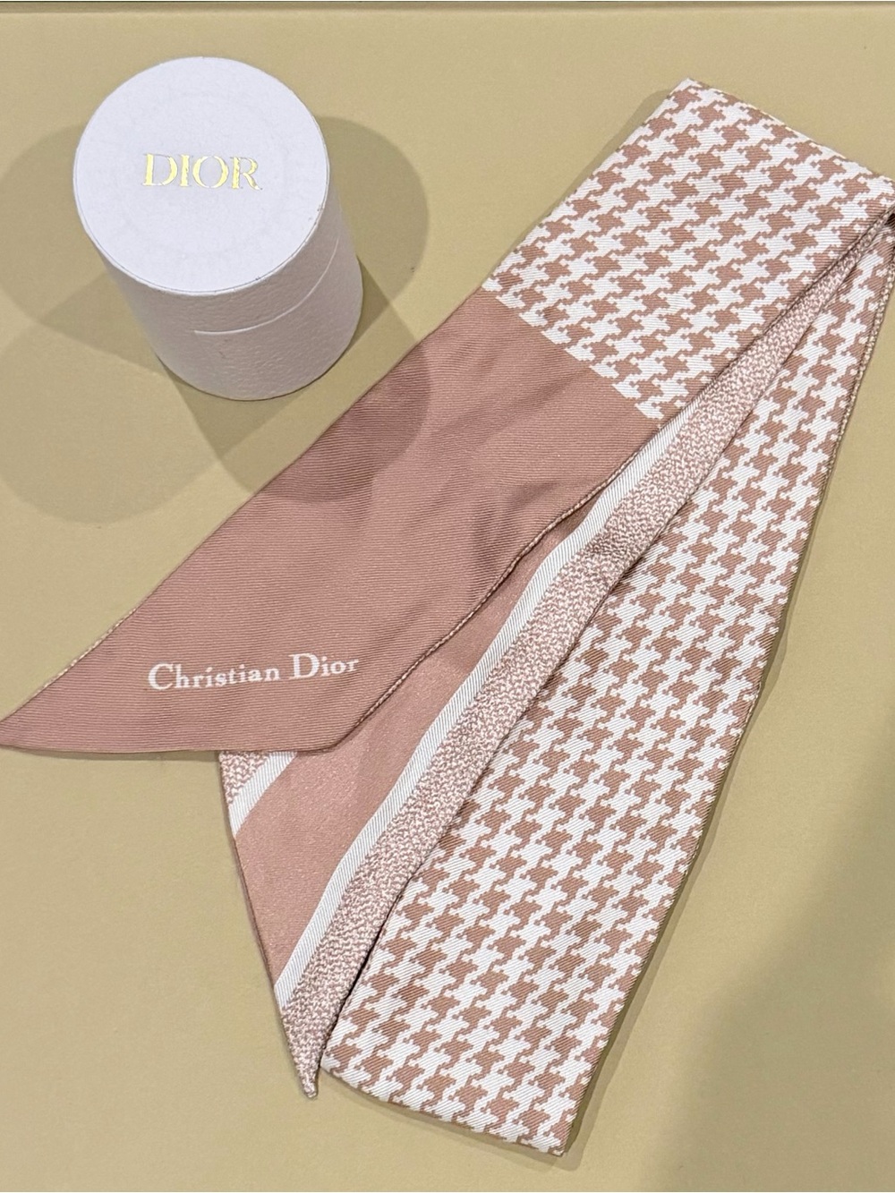 Dior Rose Pink & White Houndstooth Silk Twilly